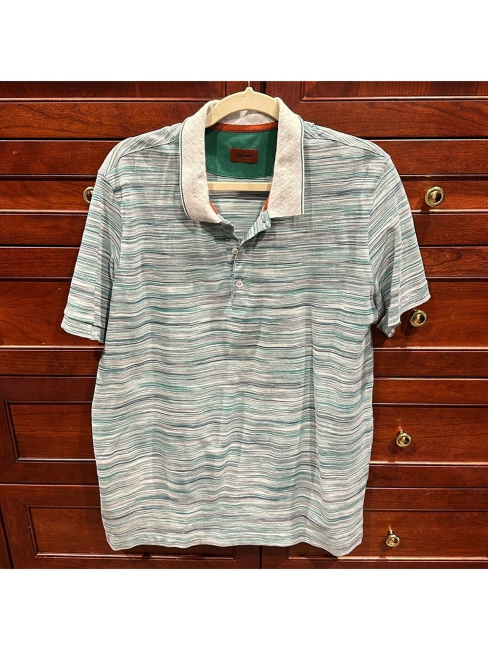 Missoni Men's Striped Polo in Teal and Light Gray